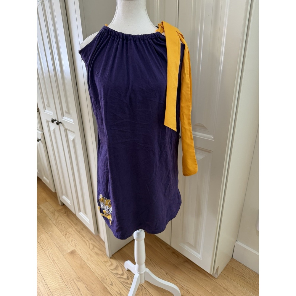 LSU Tigers One Shoulder Dress Purple‎ Gold Game Day Boho College Chic LG EUC